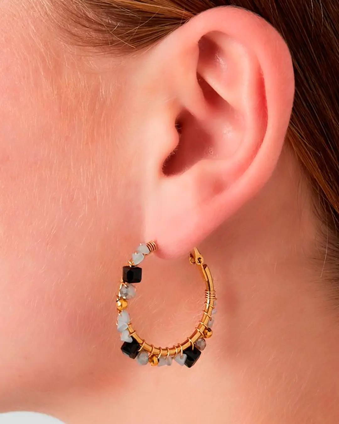 Beige and grey Majestic Dream hoop earrings with gold details, minimalist statement jewelry by Cutu Store.