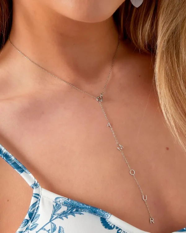 Close-up of silver “Amour” necklace on model | waterproof and hypoallergenic stainless steel jewelry from Cutu Store Malta
