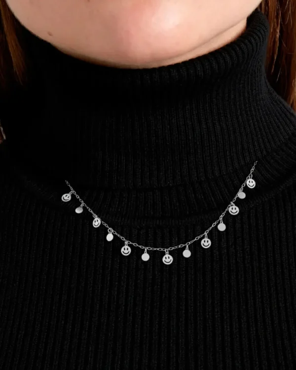 Silver stainless steel happy face necklace with multiple smile charms — waterproof and hypoallergenic jewelry from Cutu Store Malta