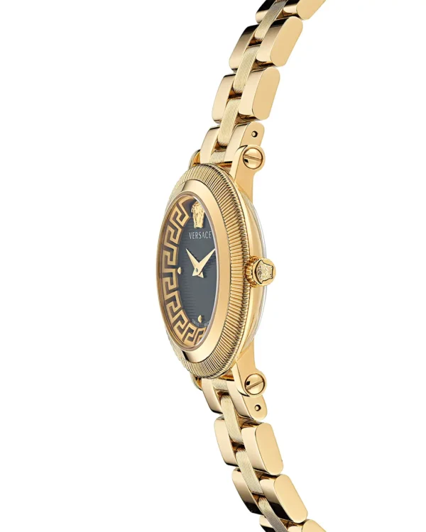 Side profile of Versace Greca Flourish gold bracelet watch with fluted bezel and black dial