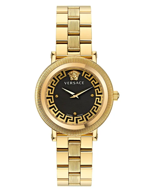 Front view of Versace Greca Flourish gold bracelet watch with black guilloche dial and Medusa head