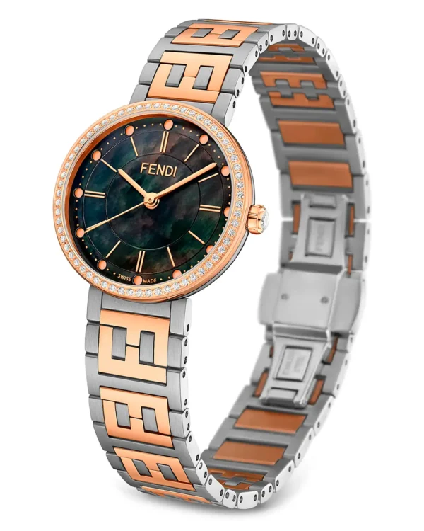 Forever Fendi two-tone diamond bracelet watch with mother-of-pearl dial angled front view