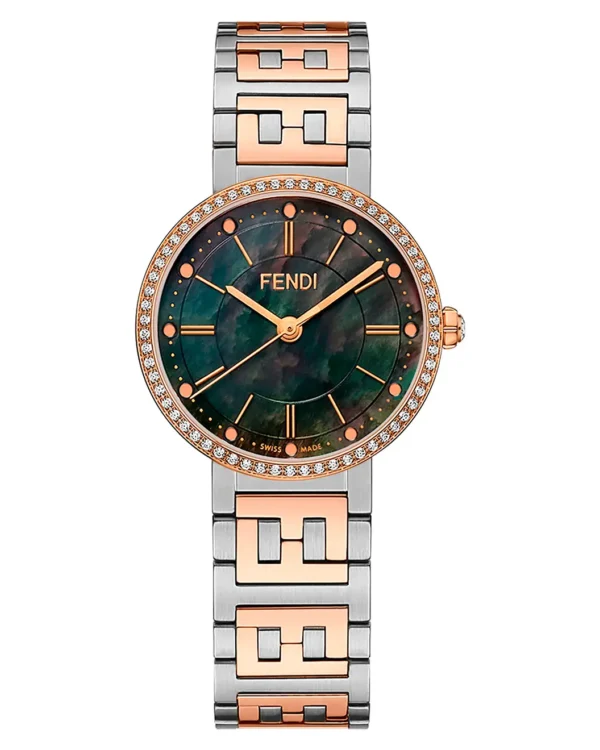 Forever Fendi two-tone diamond bracelet watch with dark mother-of-pearl dial front view