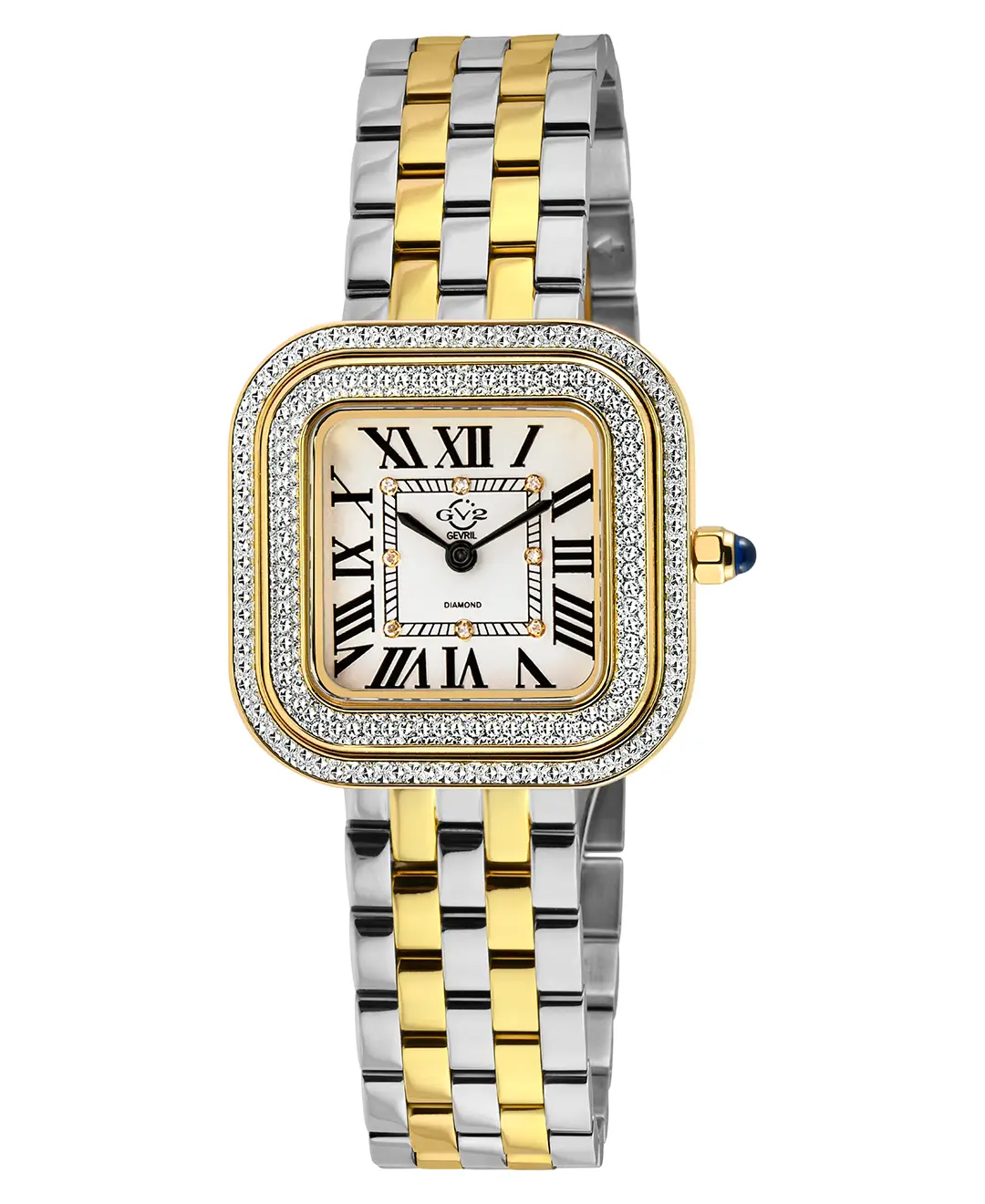 Front view of GV2 Bellagio two-tone diamond bracelet watch with square case and white dial