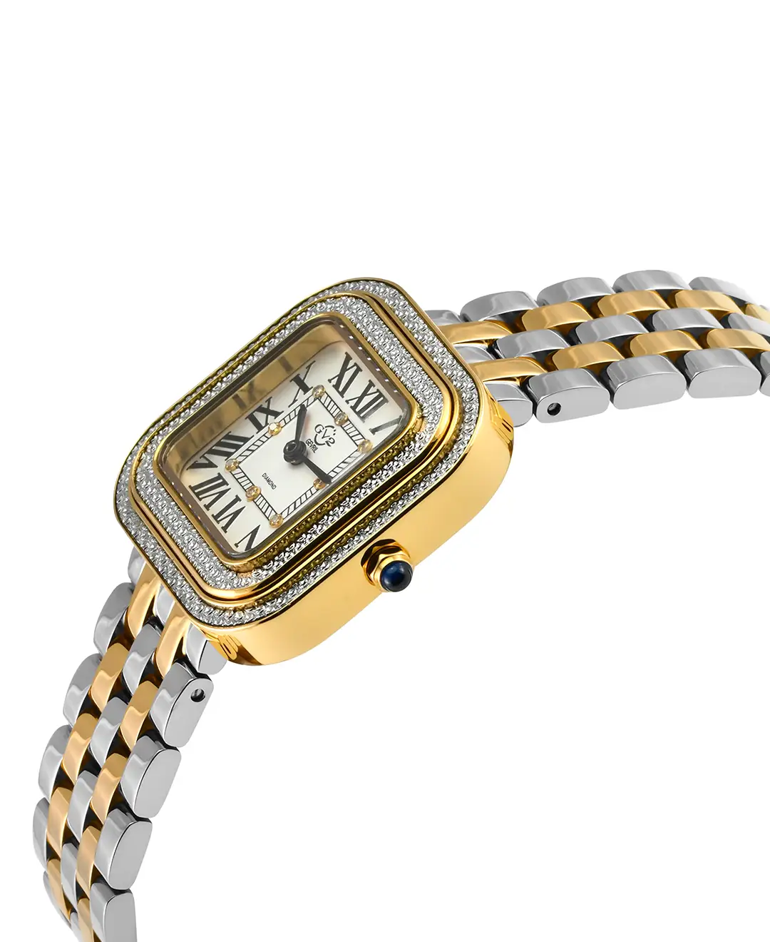 Angled view of GV2 Bellagio two-tone diamond watch with blue crown and square case