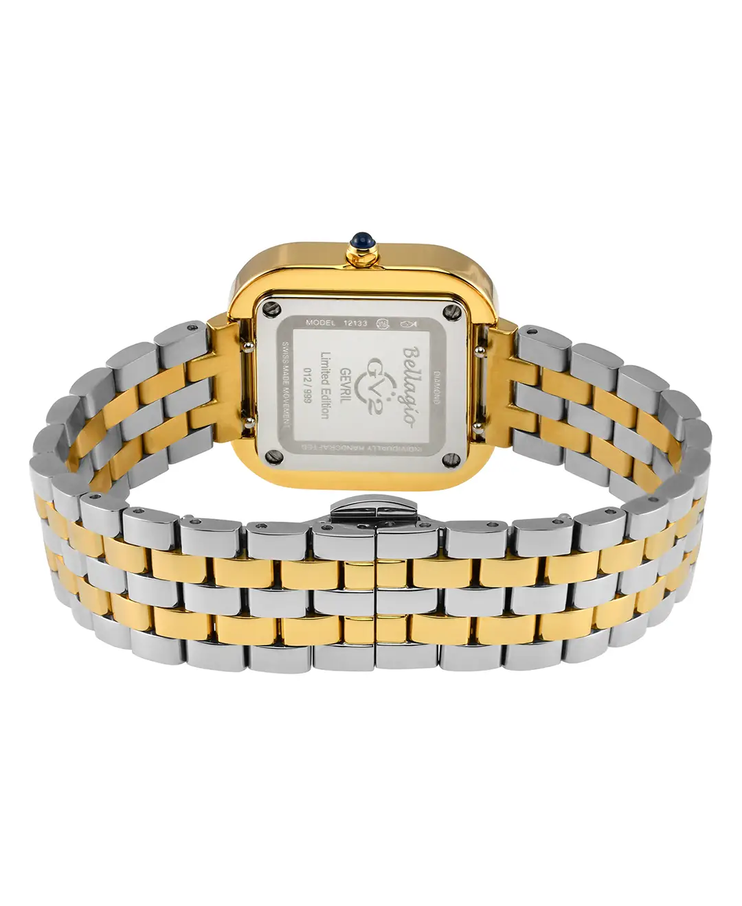 Back view of GV2 Bellagio two-tone bracelet watch with deployant clasp and engraved caseback