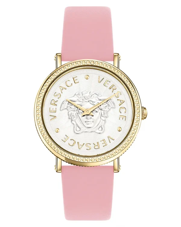 Front view of Versace gold-tone watch with pink strap and silver Medusa dial