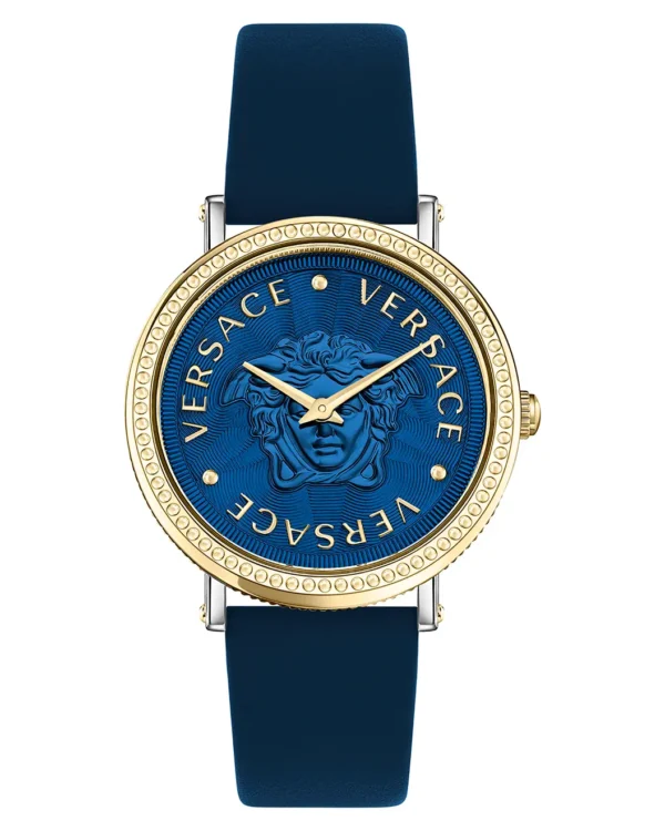 Close-up product image showing the blue guilloche dial, lion head detail and goldtone accents on the Versace V-Dollar Leather Strap Watch.