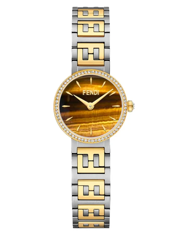 Fendi Forever Fendi two-tone bracelet watch with tiger’s eye dial and diamond pavé bezel