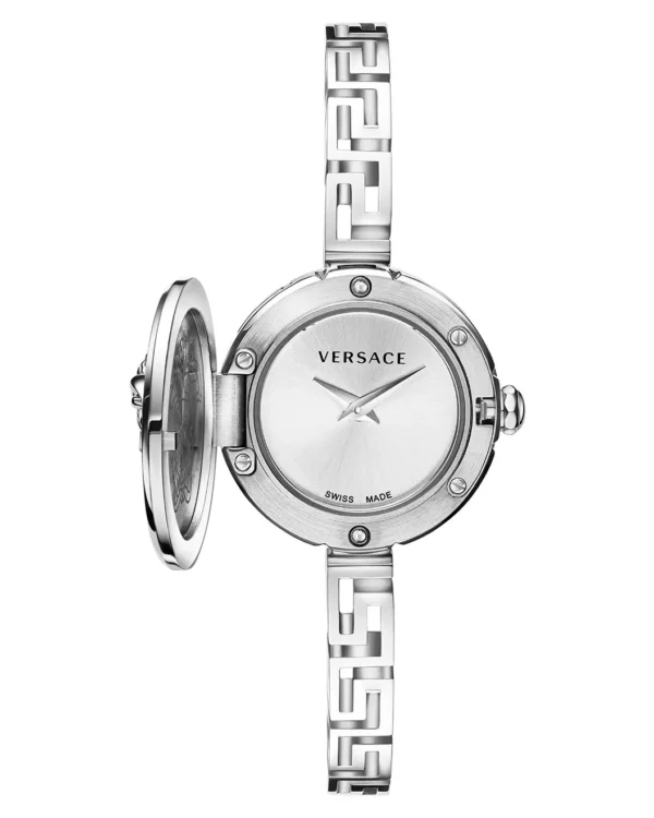 Versace Medusa Secret silver bracelet watch open to reveal the hidden dial