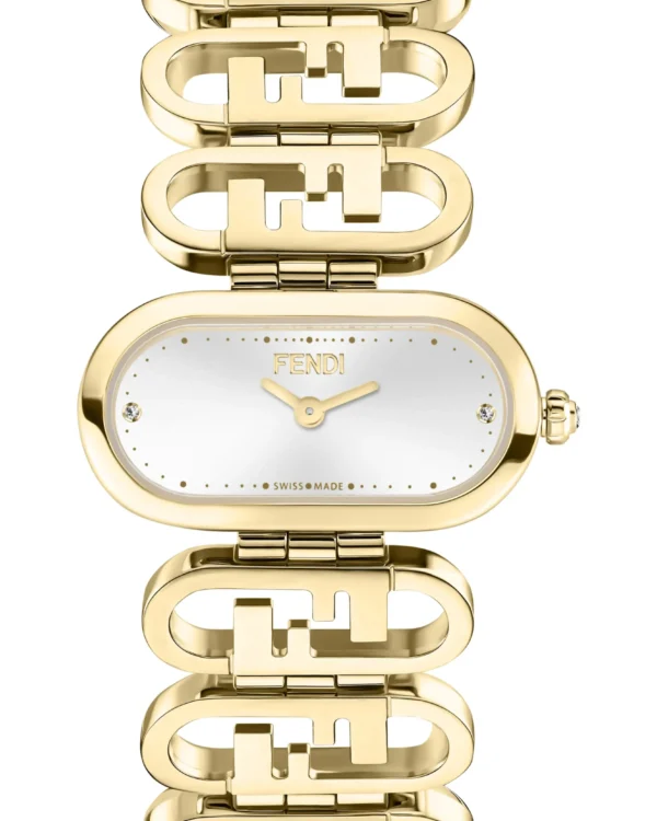 Fendi O'Lock diamond bracelet watch with gold-tone logo links and oval dial flat lay
