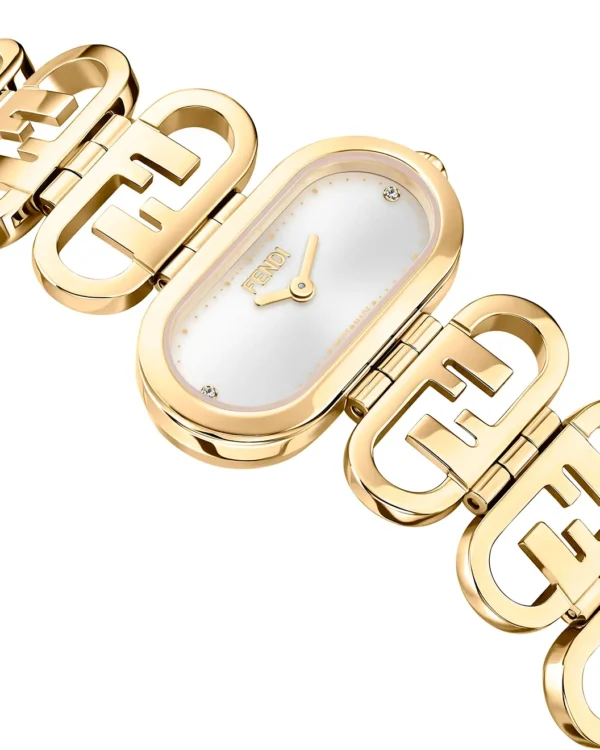 Close-up of Fendi O'Lock diamond bracelet watch with oval white dial and gold-tone links