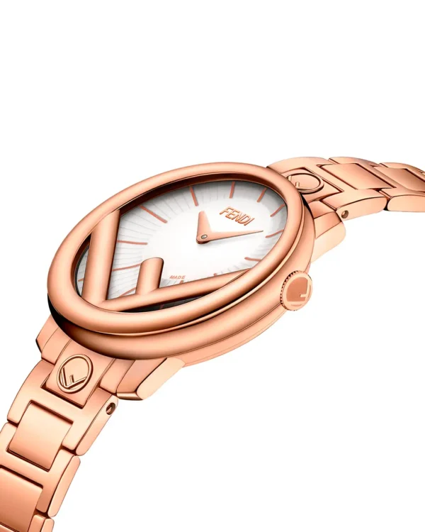 Angled view of Fendi Run Away rose gold bracelet watch with white opalin dial