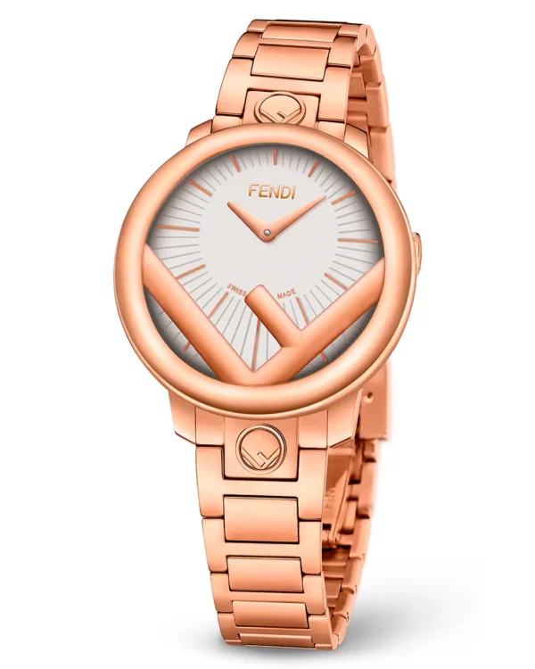 Fendi Run Away rose gold bracelet watch with white opalin dial front view