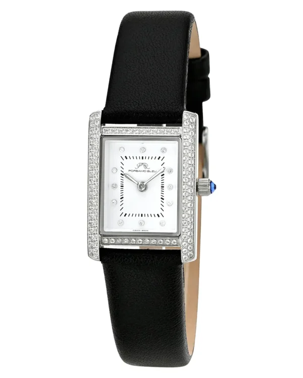 Front view of Porsamo Bleu Karolina black leather watch with diamond bezel and white dial