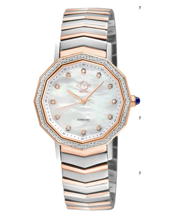 Front view of GV2 Spello II two-tone diamond watch with mother-of-pearl dial