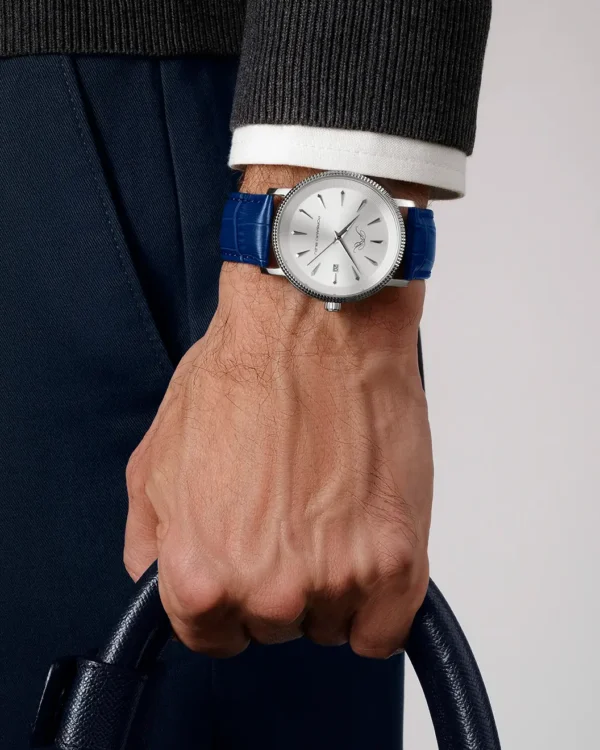 Porsamo Bleu Veritas 2 men's watch worn on wrist with blue leather strap