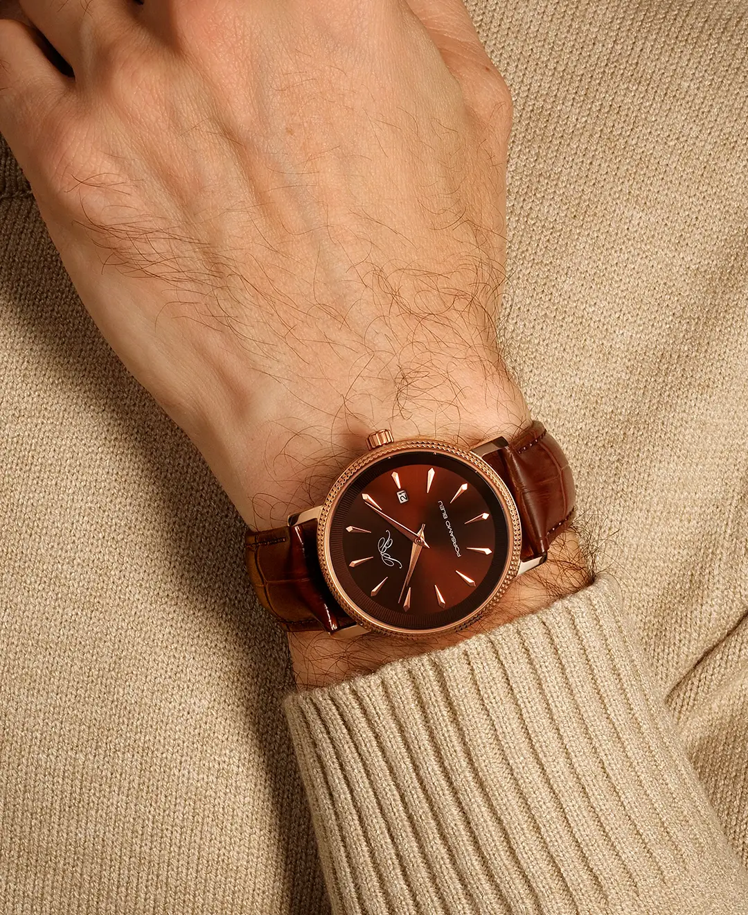 Porsamo Bleu Veritas 2 men's brown leather strap watch on wrist