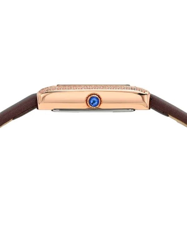 Side view of Porsamo Bleu Karolina rose gold-tone watch with blue crown and brown leather strap