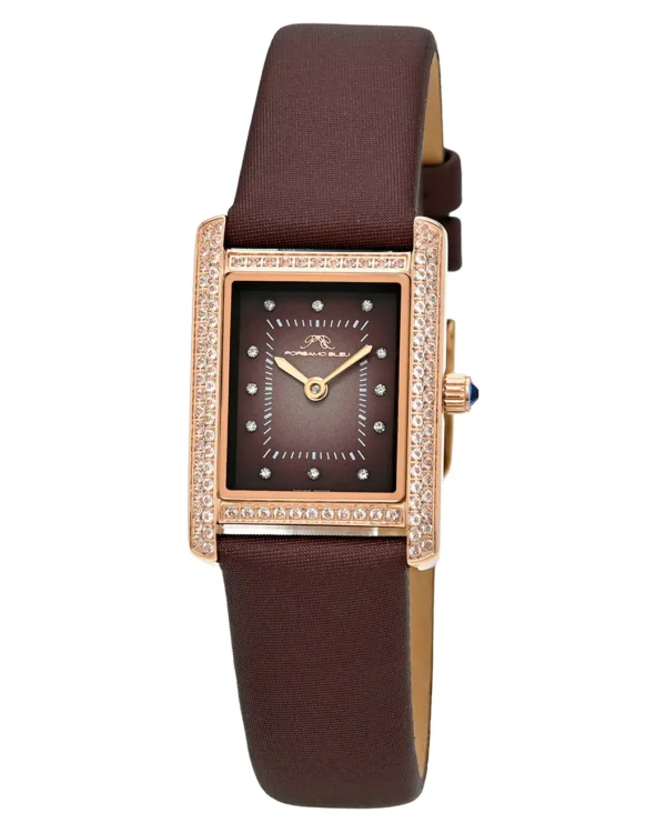 Front view of Porsamo Bleu Karolina brown leather watch with diamond markers and topaz bezel