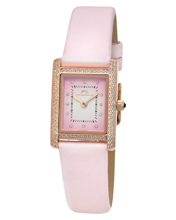 Front view of Porsamo Bleu Karolina pink leather watch with diamond markers and topaz bezel