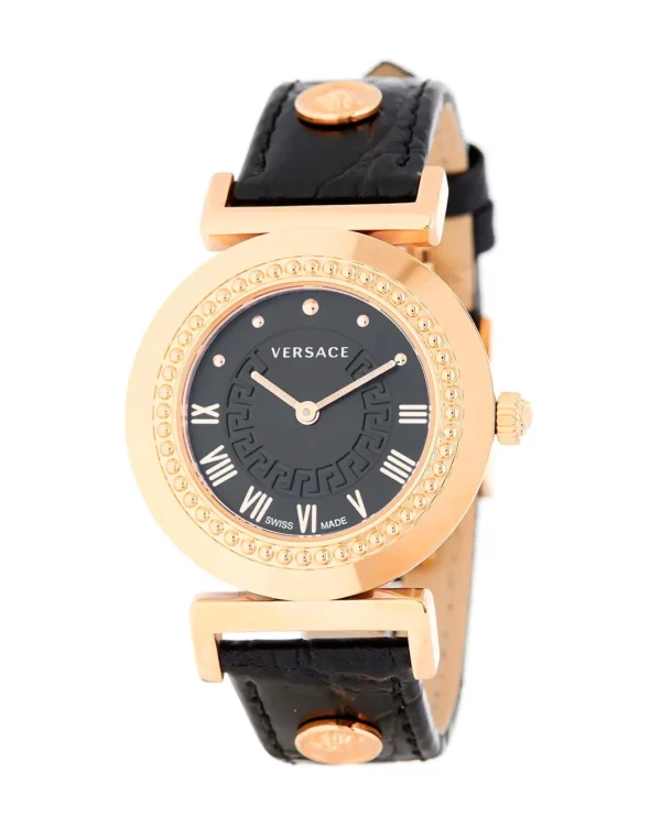 Front view of Versace Women’s Vanity rose gold watch with black dial and black croc embossed leather strap