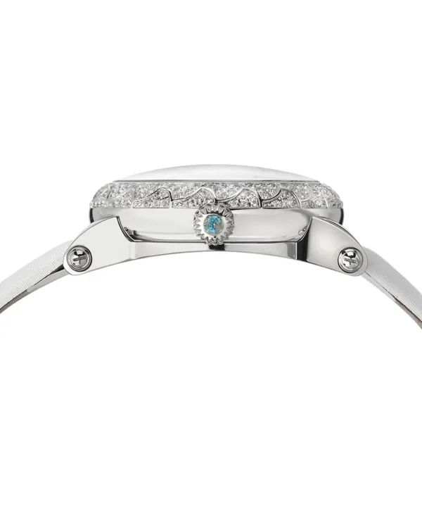 Side view of Porsamo Bleu Genevieve watch with topaz bezel and crown detail