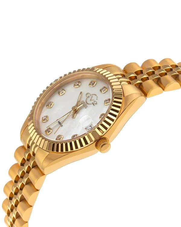Angled view of Gevril GV2 Naples gold-tone diamond watch with mother-of-pearl dial and date window
