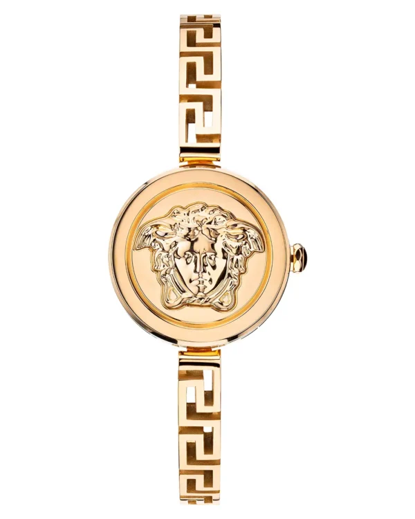 Front view of Versace Medusa Secret gold bracelet watch with closed Medusa cover
