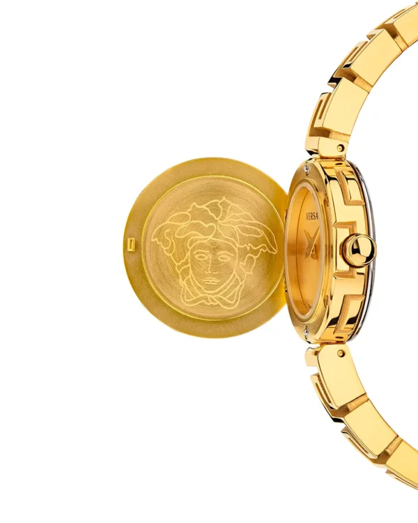 Versace Medusa Secret gold bracelet watch with open hinged cover, side view