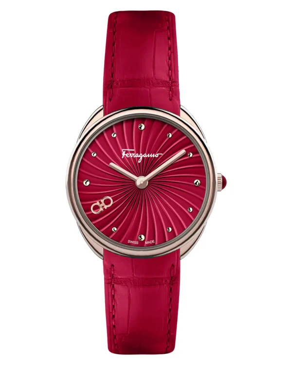 Ferragamo rose gold-tone watch with red guilloché dial and embossed leather strap