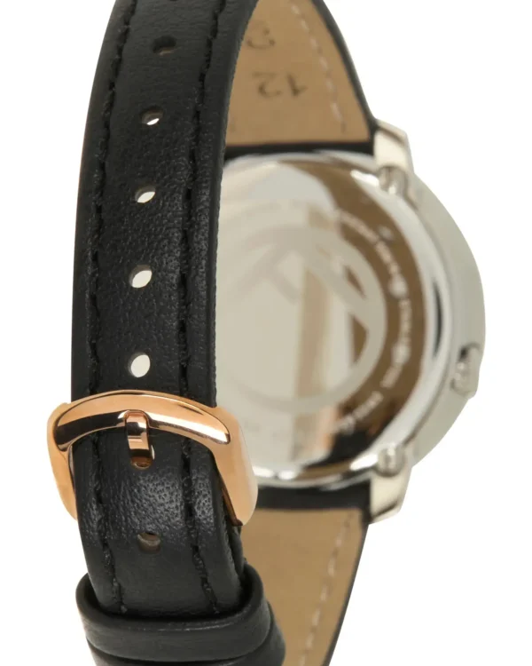 Back view of Fendi Run Away diamond leather watch with black strap and rose gold-tone buckle