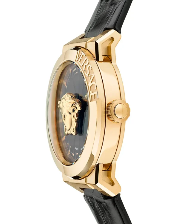 Close-up side detail of Versace Medusa Infinite gold watch case and black leather strap