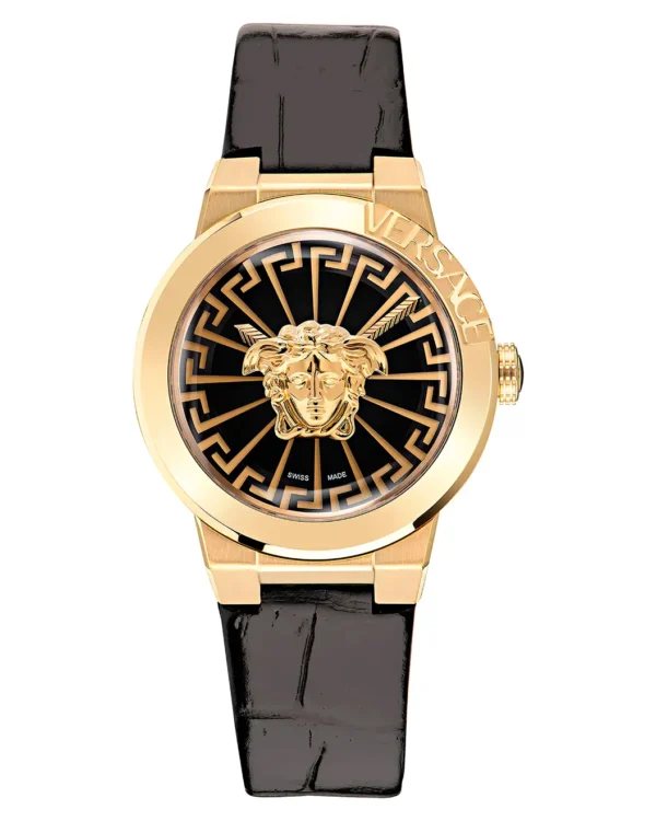 Front view of Versace Medusa Infinite gold leather strap watch with 3D Medusa dial