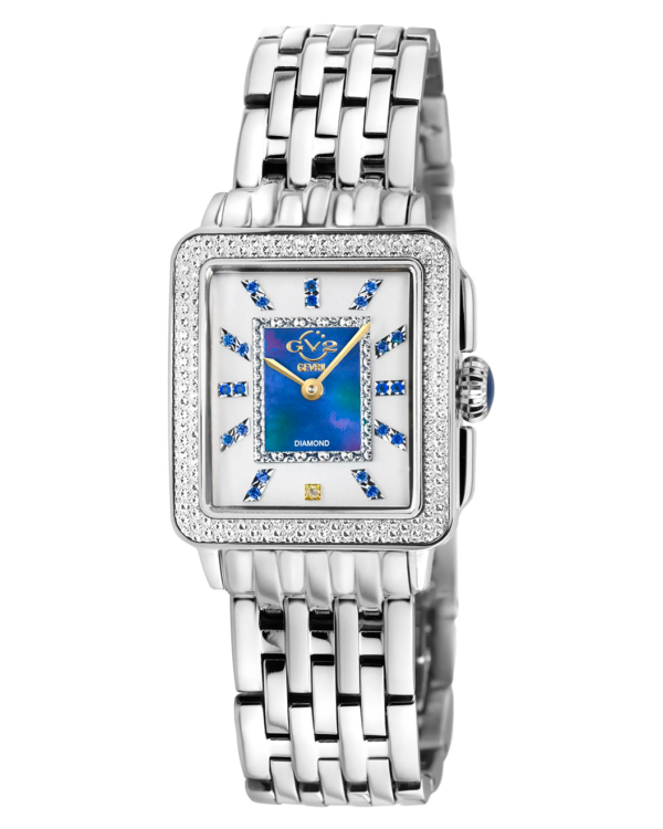 Front view of Gevril GV2 Padova diamond bracelet watch with mother-of-pearl dial and blue centre detail