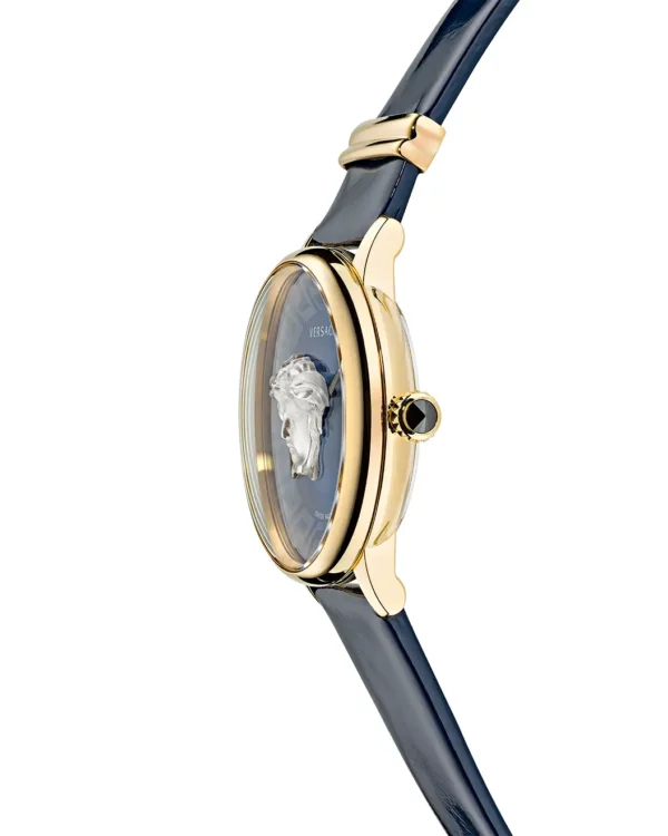 Product presentation image of the Versace Medusa Alchemy Leather Strap Watch inside a branded Versace box.