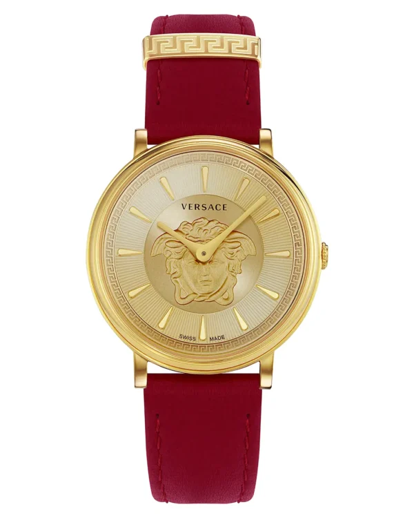 Front view of Versace V-Circle Medusa gold strap watch with red leather strap