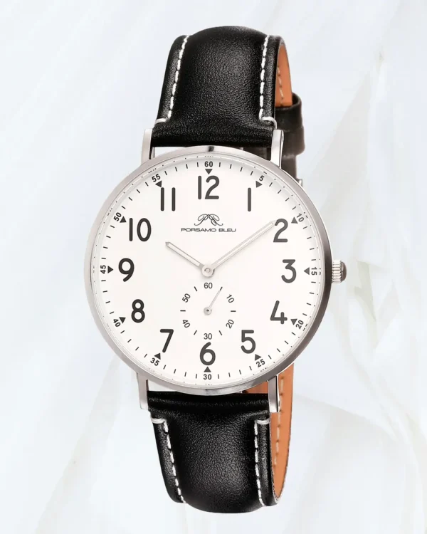 Close up of Porsamo Bleu Rowan white dial leather watch