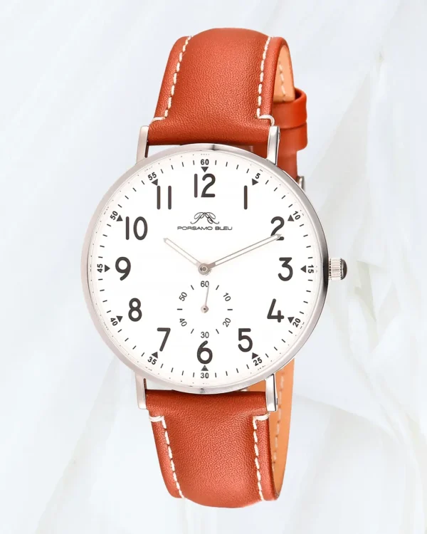 Close up of Porsamo Bleu Rowan white dial brown strap watch