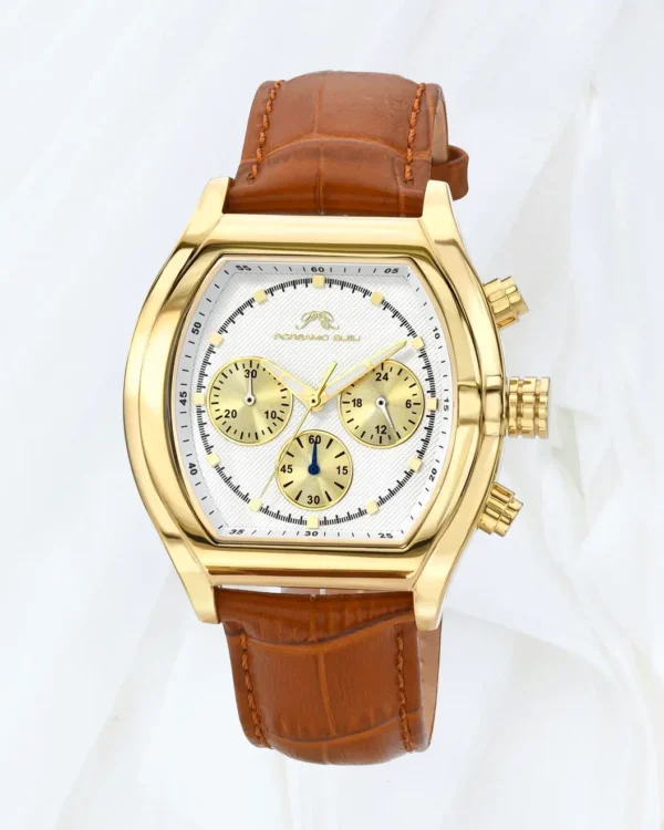 Close up of Porsamo Bleu Roman gold watch with white dial