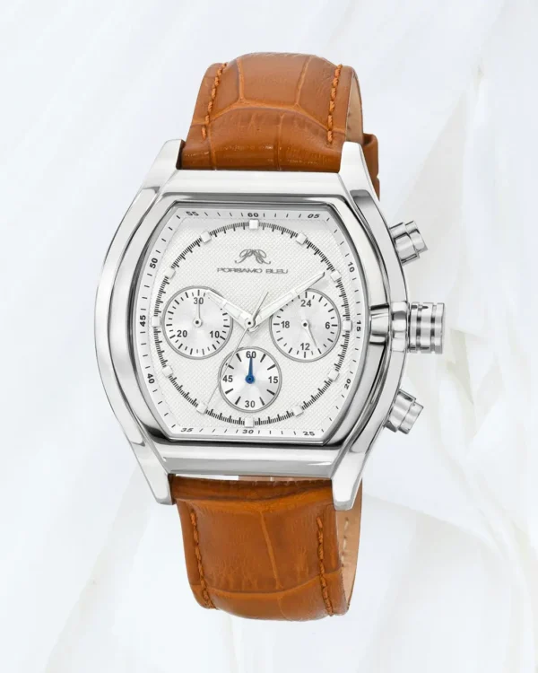 Close up of Porsamo Bleu Roman silver watch with white dial