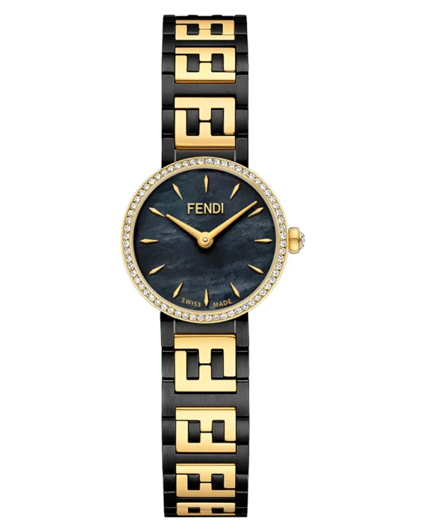 Forever Fendi Diamond Bracelet Watch 19mm in black and gold with diamond bezel and dark mother-of-pearl dial