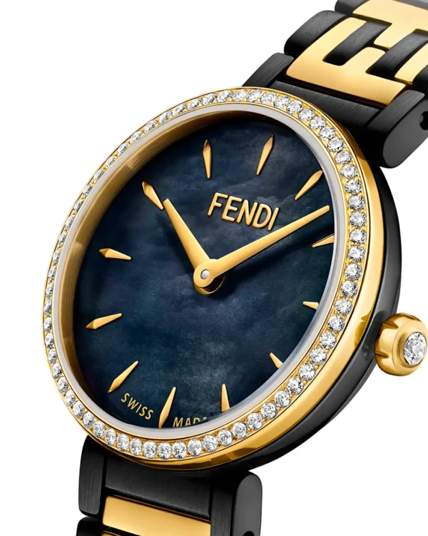 Close-up of Forever Fendi Diamond Bracelet Watch 19mm with diamond bezel and dark mother-of-pearl dial