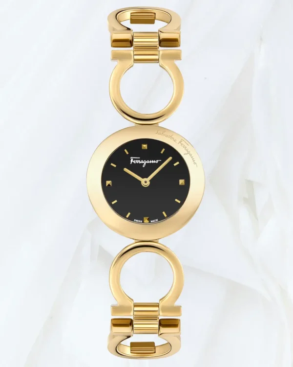 Ferragamo Gancino Watch front view with black dial and gold-tone bracelet
