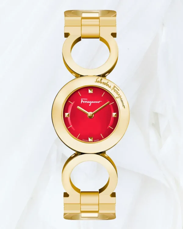 Ferragamo Gancini Buckle Bracelet Watch 28mm with red dial and gold-tone bracelet