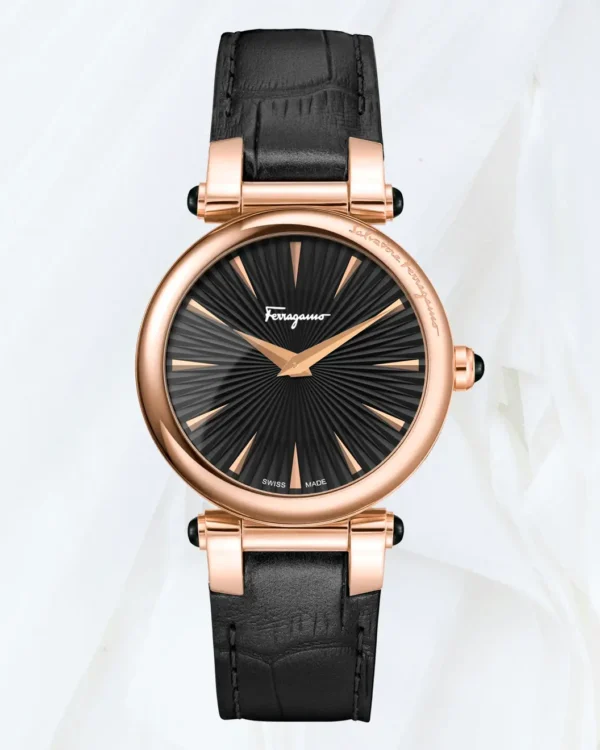 Ferragamo Idillio Croc Embossed Leather Strap Watch 36mm with rose gold-tone case and black leather strap