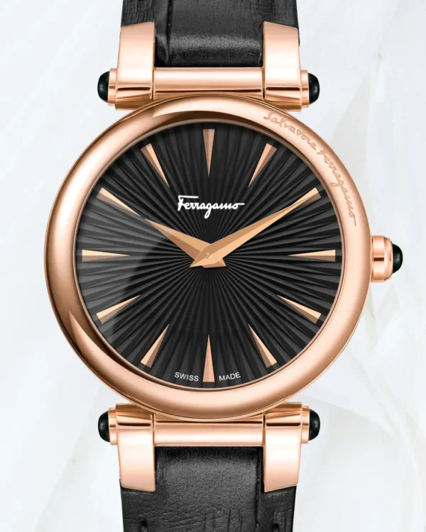 Ferragamo Idillio Croc Embossed Leather Strap Watch 36mm with rose gold-tone case and black leather strap