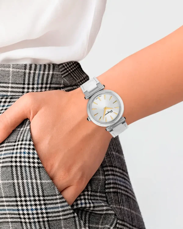 Ferragamo white leather strap watch worn on wrist