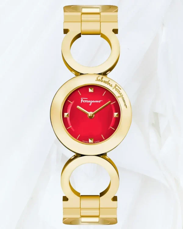 Ferragamo Gancino 34mm gold bracelet watch with red dial and gold-tone markers