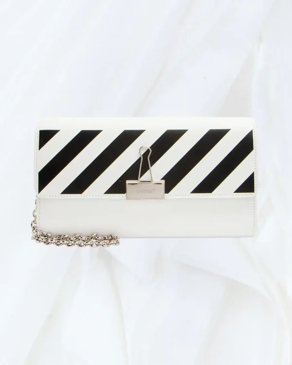 Off-White leather diag binder clip wallet on chain front view black white